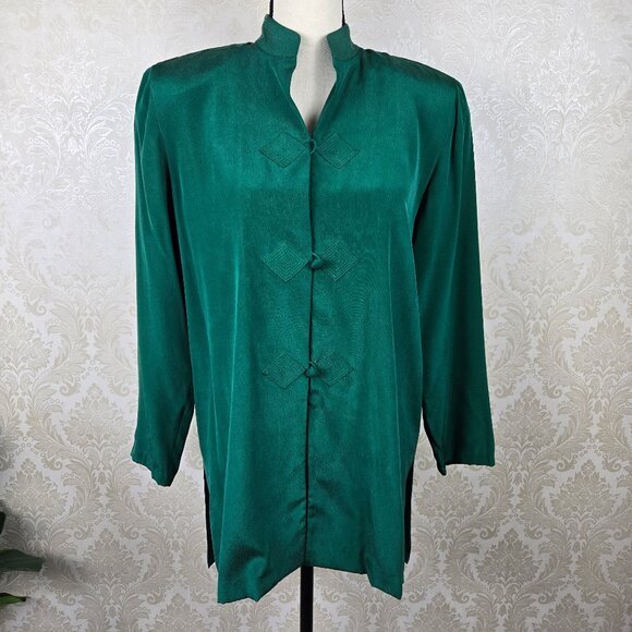 Safe Silk by Adrianna Papell Sz 6 Dark Green Silk Tunic Buttons Mandarin Collar - Picture 1 of 14